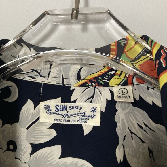 SUN SURF Aloha Hawaiian Shirt Large UKELELE MELODY Navy Rayon Made in Japan 2019 - Picture 2 of 11